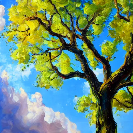 Image similar to oil paint impasto reliefs of looking up at a large sunny oak tree, through to beautiful clouds, thick heavy painterly style using a palette knife - i