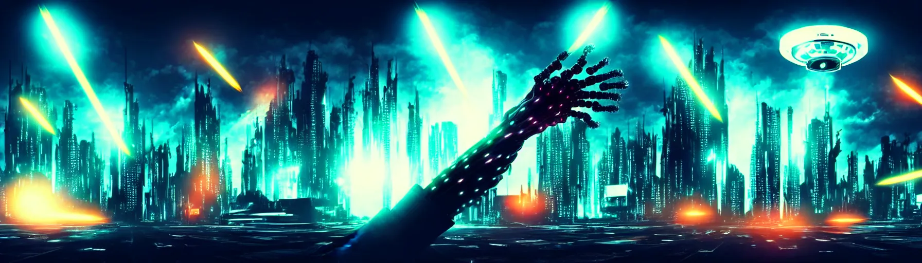 Image similar to apocalyptic ufo scene of cyborg arms with claws reaching out to try and catch fast moving ufos, in the style of blade runner, cyberpunk, laser, smoke, debris