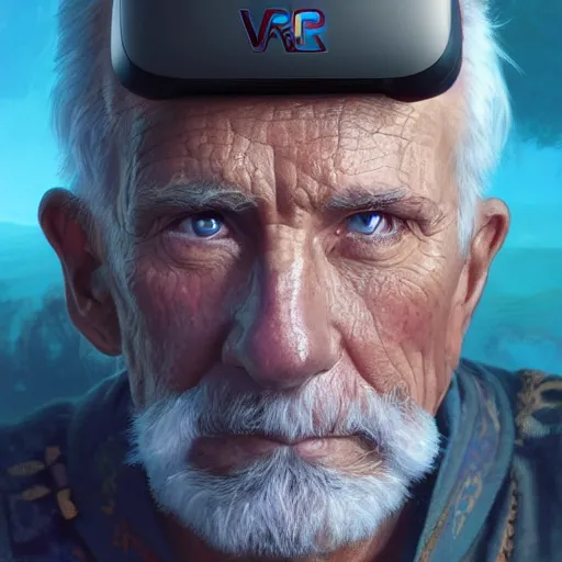 Prompt: an old male warrior with a VR headset, golden light, purple water, highly detailed, digital painting, artstation, concept art, smooth, sharp focus, illustration, art by artgerm and greg rutkowski and alphonse mucha