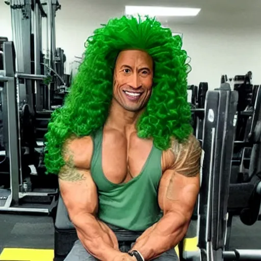 Image similar to dwayne johnson flexing with a curly bright green wig