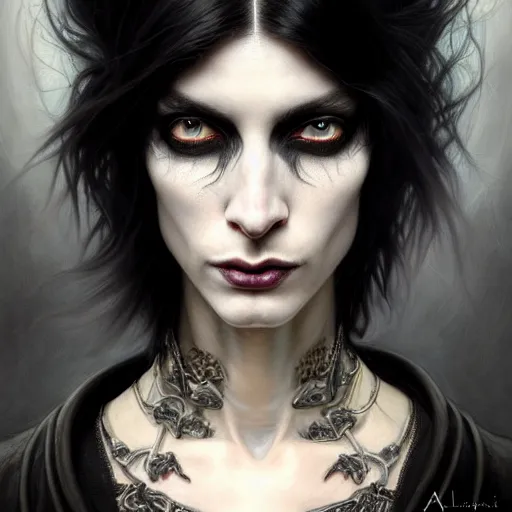 Prompt: portrait painting of an androgynous witch with shoulder length black hair pale skin and beautiful eyes wearing a punk clothes, ultra realistic, concept art, intricate details, eerie, highly detailed, photorealistic, octane render, 8 k, unreal engine. art by artgerm and greg rutkowski and magali villeneuve and alphonse mucha