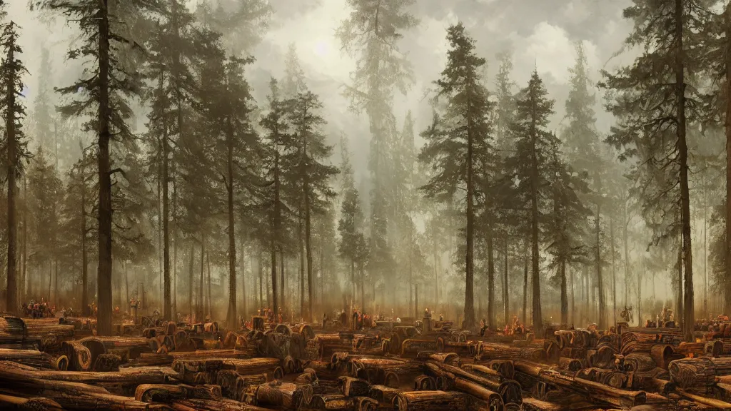 Image similar to panorma view of lumberyard with lumberjacks and forest in background, papyrus, watercolored, jakub rozalski, dark colours, dieselpunk, artstation