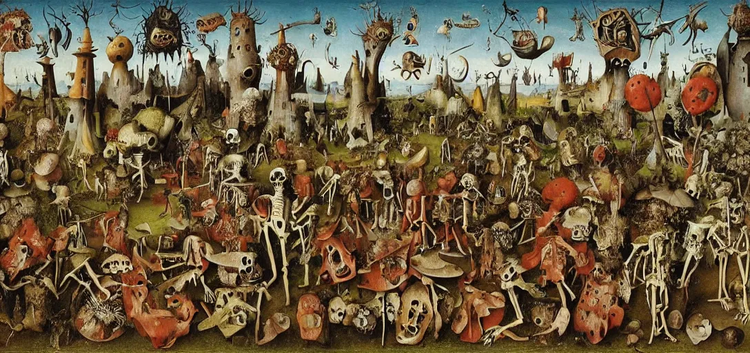 Image similar to Skeletons walking through the garden of earthly delights, hyper-surrealism, highly detailed and intricate matte painting by Max Ernst, Hieronymus Bosch and Giuseppe Arcimboldo