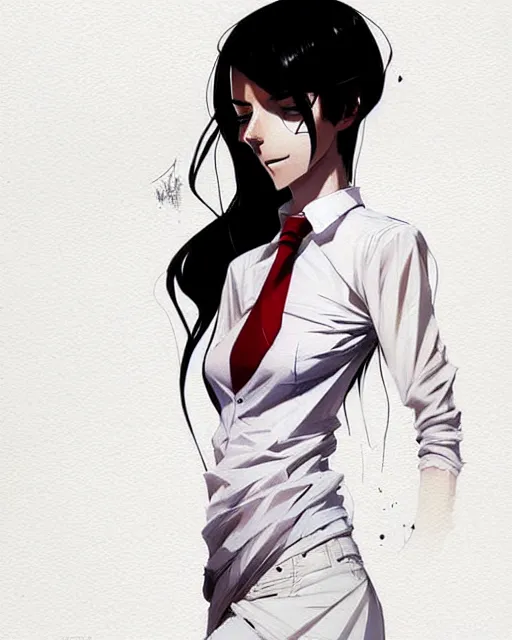 Prompt: a ultradetailed full body portrait of a woman dressed in a white shirt with a tie, detailed face, by conrad roset, greg rutkowski and makoto shinkai trending on artstation