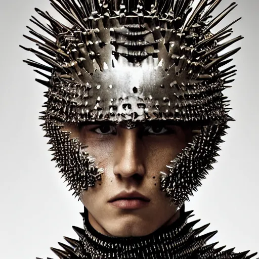Image similar to a portrait of a beautiful young male wearing an alexander mcqueen armor made of spikes , photographed by andrew thomas huang, artistic