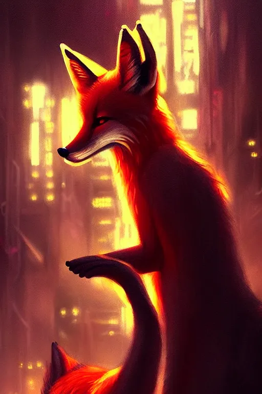 Prompt: beautiful portrait of a tall female anthro fox, smoking a cigarette in a crowd, a wet city street, cyberpunk, harsh neon lights, highly detailed, deep shadows, digital painting, shallow depth of field, illustration, art by sakimichan, artgerm