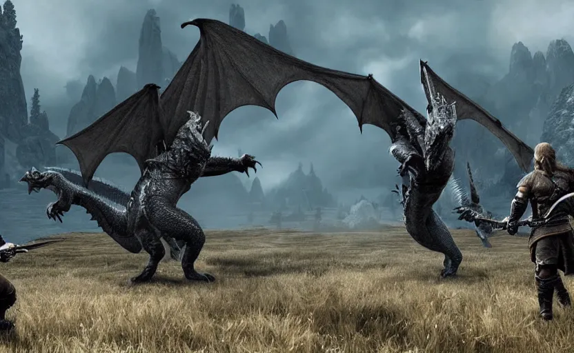 Prompt: joe biden fighting a dragon in skyrim, a photorealistic painting by gregory crewdson, cgsociety, playstation 5 screenshot, matte painting, cryengine