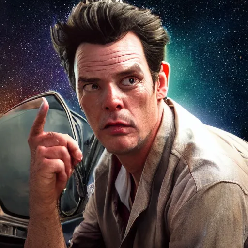 Image similar to hyperrealistic film still of ace ventura hiding in space, stunning 3 d render, inspired by istvan sandorfi & greg rutkowski & unreal engine, perfect facial symmetry, dim volumetric cinematic lighting, 8 k octane comprehensive render, extremely hyper - detailed, incredibly lifelike attributes, intricate, real flesh texture, masterpiece, artstation, stunning,