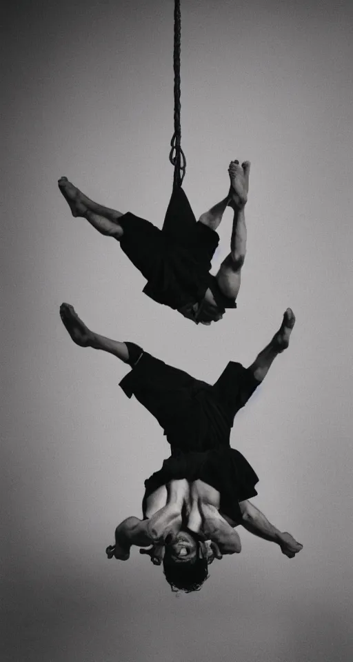 Image similar to a man hanging by his feet upside down peacefully,