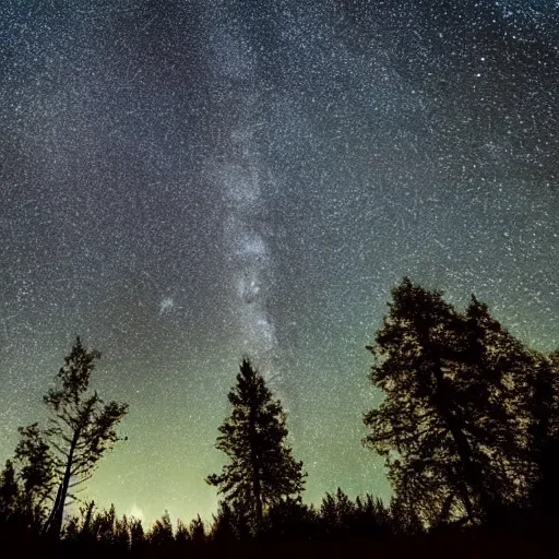 Image similar to calming relaxing trees silhouetted against a dark starry night sky from a distance