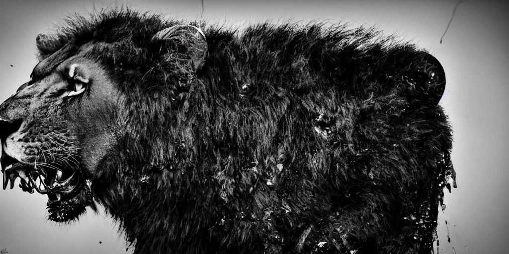 the black lioness made of tar, dripping tar, drooling Stable