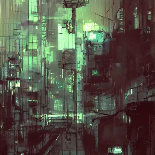 Image similar to a cyberpunk, wires, machines, in a dark future city by jeremy mann, francis bacon and agnes cecile, ink drips, paint smears, digital glitches glitchart c - 1 0