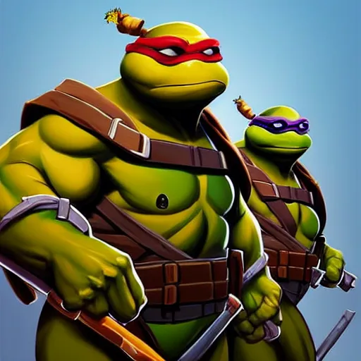 Image similar to Greg Manchess portrait painting of Teenage Mutant Ninja Turtles as fortnite character, medium shot, asymmetrical, profile picture, Organic Painting, sunny day, Matte Painting, bold shapes, hard edges, street art, trending on artstation, by Huang Guangjian and Gil Elvgren and Sachin Teng