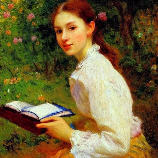 Image similar to portrait of a young woman holding a book, impressionism, realism, landscape, portrait, romanticism, painting by nikolay makovsky