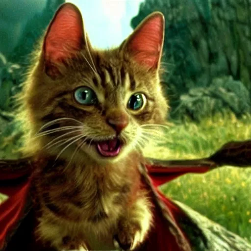 Prompt: a film still of a very cute fantasy cat with beautiful dragon wings in the film lord of the rings