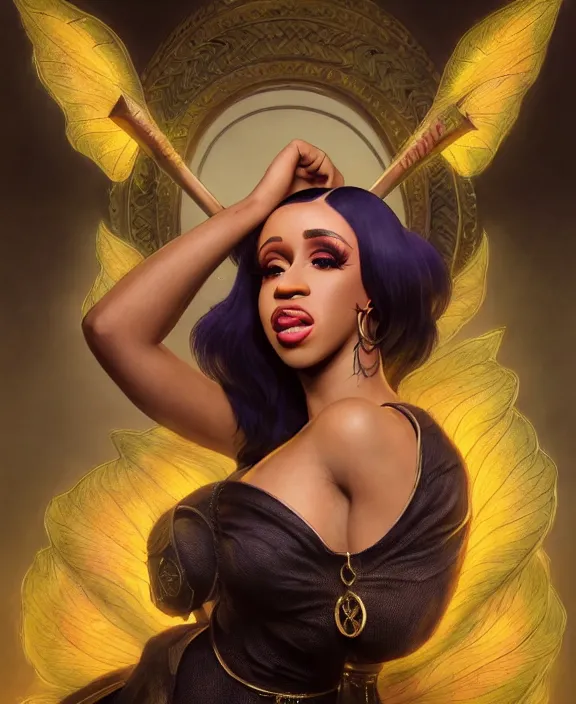 Image similar to cardi b as a character in diablo, mottled coloring, adorable, childlike, pastoral environment, ultra realistic, concept art, art nouveau, photorealistic, octane render, 8 k, unreal engine. art by christopher marley and artgerm and greg rutkowski and alphonse mucha