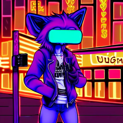 Prompt: beautiful commission digital art portrait commission of an androgynous furry anthro wolf wearing punk clothes in the streets of a cyberpunk city. neon signs, adverts, holographics. character design by zaush, rick griffin, tessgarman, angiewolf, rube, miles df, smileeeeeee, furlana, fa, furraffinity