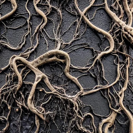 Prompt: photograph of a pitch black, tar - like fungus with lots of tendrils spreading everywhere, intricate detail, goopy, deep black roots, infestation