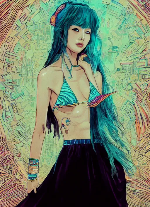 Image similar to lee jin - eun in luxurious dress emerging from turquoise water in egyptian pyramid city during an eclipse by james jean, conrad roset, m. k. kaluta, martine johanna, rule of thirds, elegant look, beautiful, chic, face anatomy, cute complexion