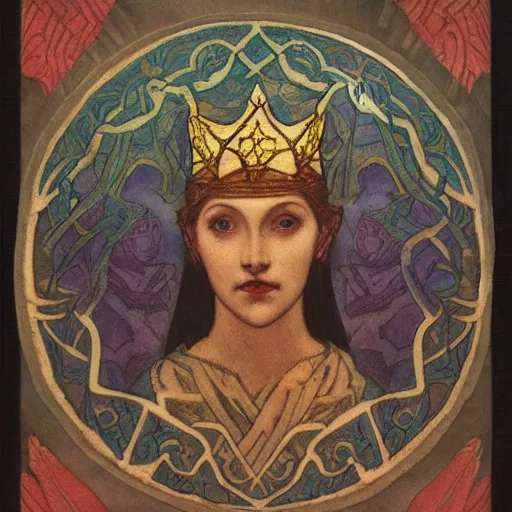 Image similar to the lantern crown, by Annie Swynnerton and Nicholas Roerich and (Edmund Dulac), embroidered brocade, tattoos, elaborate costume, geometric ornament, symbolist, rich colors, dramatic lighting, smooth, sharp focus, extremely detailed