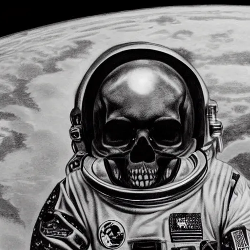 Prompt: a skull in an astronaut helmet in space, black and white graphite drawing, highly detailed and realistic