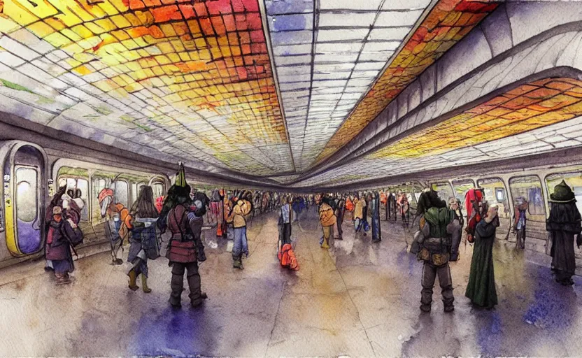 Prompt: subway station, colorful watercolor. by rembrant, battle angel alita, ralph mcquarrie, aluminum, 1 6 6 7