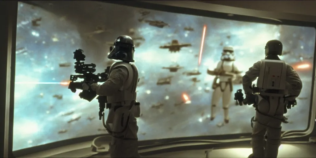 Image similar to a still from a film of a naval officer standing, back turned, in front of a large window with a live action Star Wars space battle, 35mm, directed by George Lucas, miniatures, ILM