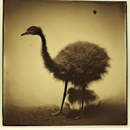 Prompt: ostrich - type desert creature, spider eyes, scorpion, animal face, surrounded by a sandstorm, high detail, by ansel adams tintype 1 8 0 0 s