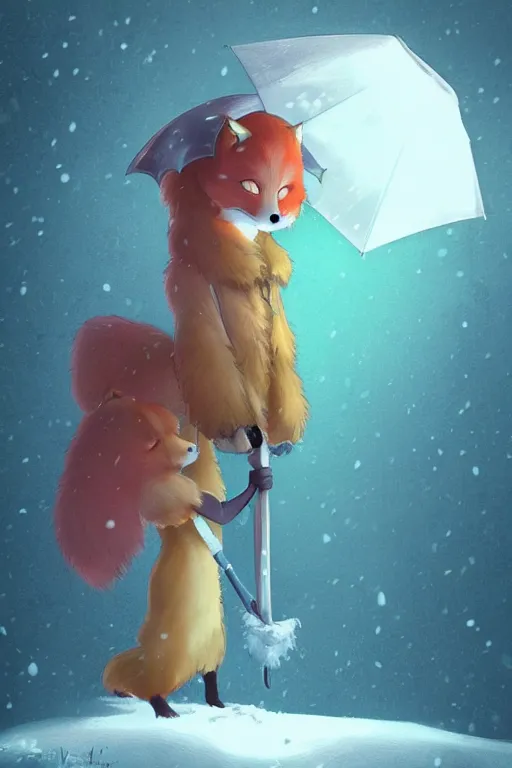 Prompt: a fox princess holding an umbrella, snow, backlighting, trending on artstation, digital art, furry art, studio ghibli