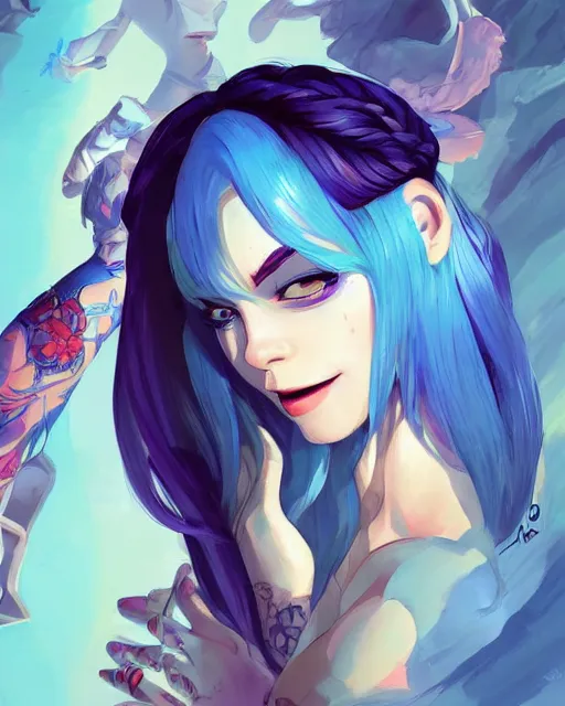 Prompt: beautiful female blue hair tattoo symmetrical face eyes full length fantasy art Video game icon, 2d game art gta5 cover , official fanart behance hd artstation by Jesper Ejsing, by RHADS, Makoto Shinkai and Lois van baarle, ilya kuvshinov, rossdraws