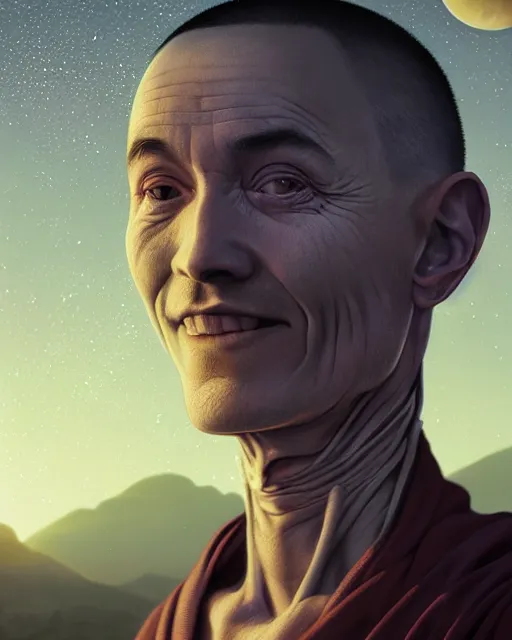 Image similar to highly detailed surreal vfx portrait of a futuristic monk in a rural farm with planets in background, stephen bliss, unreal engine, greg rutkowski, loish, rhads, beeple, makoto shinkai and lois van baarle, ilya kuvshinov, rossdraws, tom bagshaw, alphonse mucha, global illumination, detailed and intricate environment