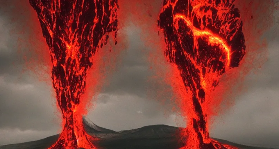 Image similar to a volcano made of ivory vines and crimson rocks enters in eruption, it spits a smoke in the shape of demonic eye, by Hajime Isayama