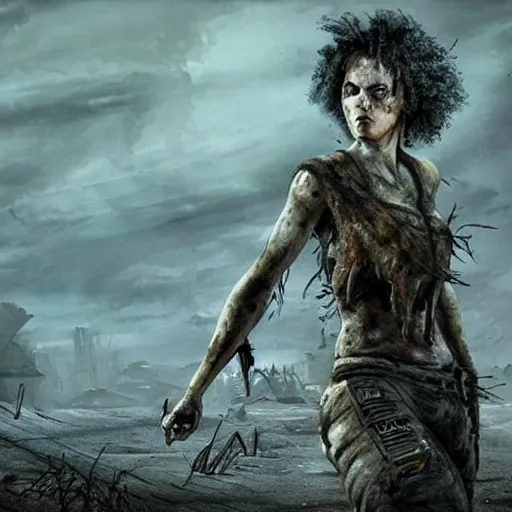 Prompt: mad - maxesque postapocalyptic woman with short curly hair