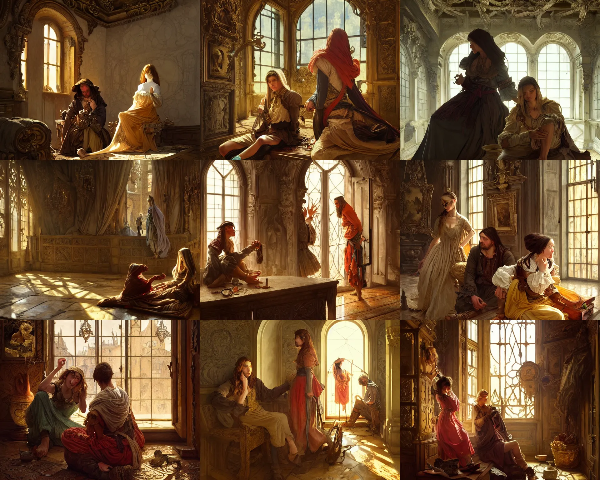 Prompt: two tramps in baroque interior, emotional sad painting, very poor, medieval peasants, fantasy, cruel, dramatic lighting, intricate, wild, highly detailed, digital painting, artstation, concept art, smooth, sharp focus, illustration, art by artgerm and greg rutkowski and alphonse mucha