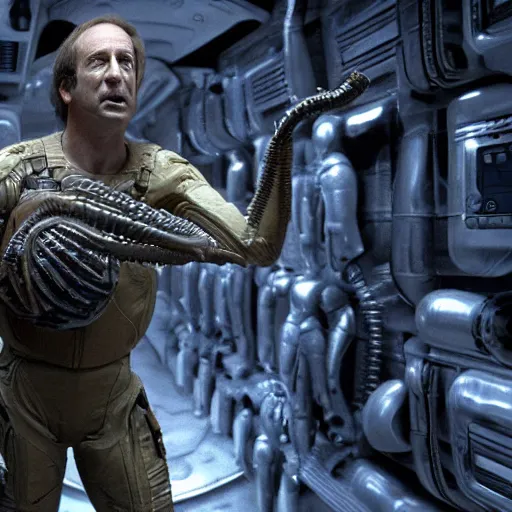 Image similar to film still of saul goodman in the role of ripley in aliens, unreal engine, uhd, by ridley scott and h r giger, very detailed, realistic