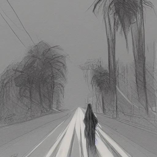 Prompt: a sketch drawing, person walks along the road, souls scream around, view to the light in the distance, gates of paradise by gabo mendoza, trending on artstation