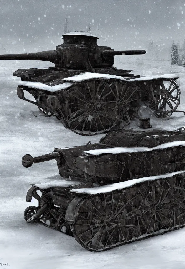 Prompt: Digital Art of a 1914 Tank in the snow, trending on artstation