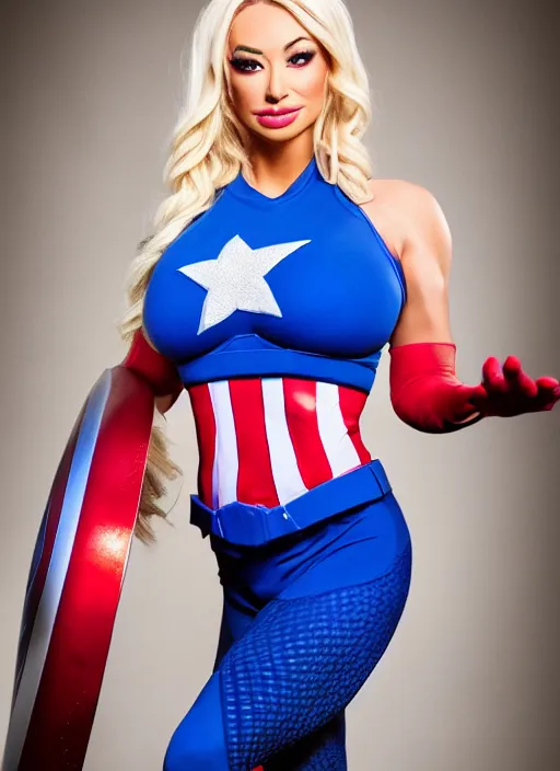 Image similar to portrait of lindsey pelas as captain america, by charlotte grimm, natural light, detailed face, canon eos c 3 0 0, ƒ 1. 8, 3 5 mm, 8 k, medium - format print, full body shot