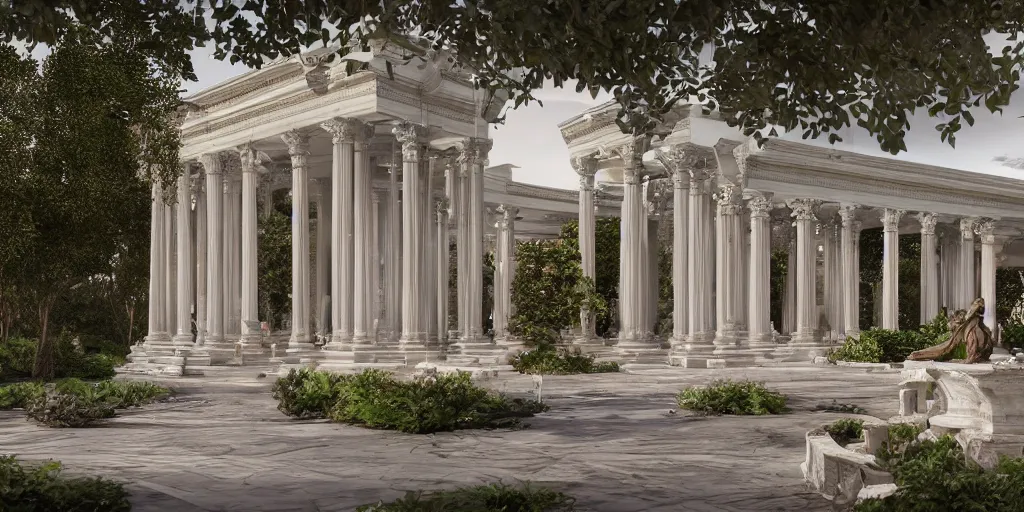 Prompt: 3d rendering of beautiful nature meets neoclassical architecture concept of a hamlet by Des Ewing Architects, volumetric lighting, luxury, high detail, 14mm, mix of red and white marbles and granite structures, some marble statues can be seen, cinematic photography, lots of space, low density, cg architects, featured in Open House magazine, high resolution