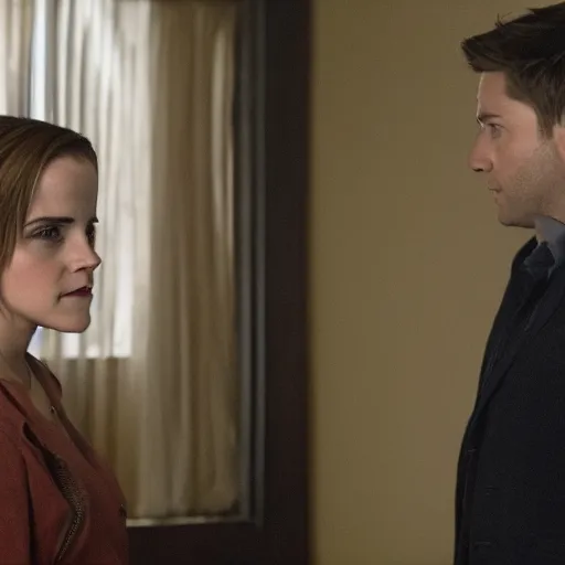 Image similar to still of emma watson talking to dean in supernatural, 4 k