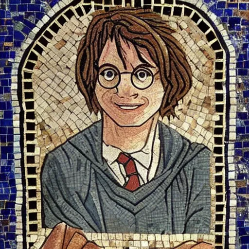 Prompt: harry potter in a ancient greek mosaic