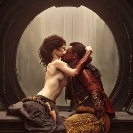 Prompt: portrait painting of dark muscular begali couple kissing, ultra realistic, concept art, intricate details, eerie, highly detailed, photorealistic, octane render, 8 k, unreal engine. art by artgerm and greg rutkowski and alphonse mucha