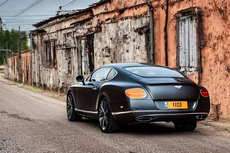 Image similar to modern rusty matte tired Bentley Continental GT without gloss no reflections drives along the road of an old Russian village with houses at the edges