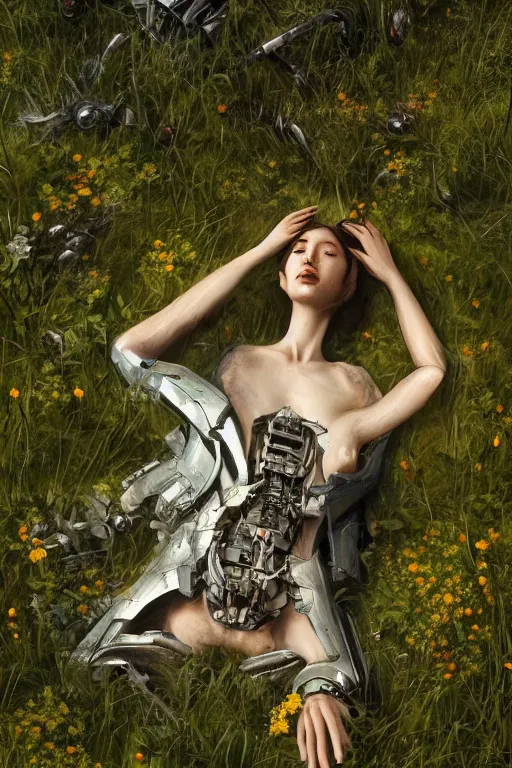 Prompt: a fancy portrait of a broken robot laying in the meadow covered in plants by greg rutkowski, sung choi, mitchell mohrhauser, maciej kuciara, johnson ting, maxim verehin, peter konig, bloodborne, 8 k photorealistic, cinematic lighting, hd, high details, dramatic, dark atmosphere, trending on artstation