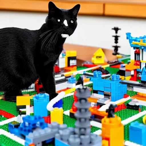 Prompt: a cat destroying a lego city