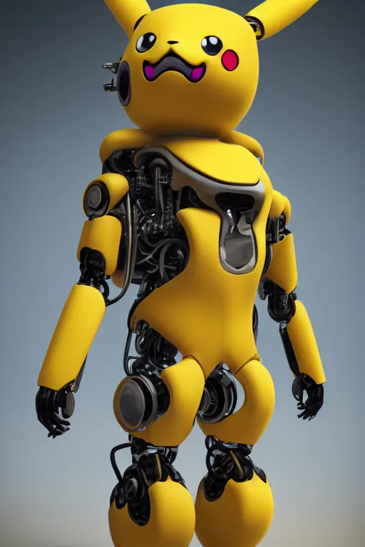 Prompt: Pikachu cyborg mechanical humanoid, digital art, 16k, hyperrealism, high detail, ray tracing, concept art, octane render
