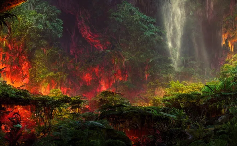 Image similar to a beautiful render of a dark prehistoric rainforest in a humongous cave, lush flora, patches of yellowish - red - magenta sky, sunset lighting, fireflies, floating mountains and a waterfall in the background, intricate detail, hazy, humid, volumetric lighting, god rays, 8 k, photorealistic, raytracing effects, unreal engine 5