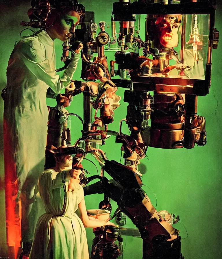 Image similar to a female mad scientist building a humanoid robot man, in a darkly lit laboratory room, 1 9 5 0 s horror film movie poster style, ( norman rockwell oil painting ), medium shot, close - up shot, retro science fiction, vintage, saturated pink and green lighting, shadowy lighting, cohesive