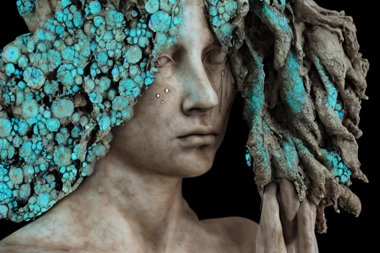 Image similar to a sculpture of a beautiful woman with flowing tears, turquoise and beige fractal flowers on the skin, intricate, a marble sculpture by nicola samori, behance, neo - expressionism, marble sculpture, made of mist, still frame from the prometheus movie by ridley scott with cinematogrophy of christopher doyle, arri alexa, 8 k