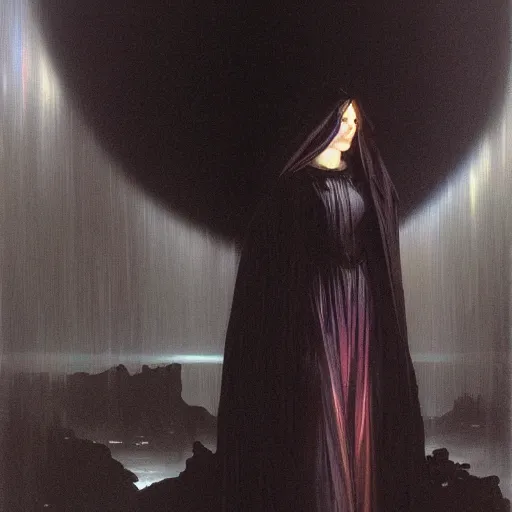 Image similar to concept art painting of attractive figure the called the ghost of the moonbow queen, black cloak, a rainbow in the dark, rainbow, by Michael Whelan, William Adolphe Bouguereau, John Williams Waterhouse, and Donato Giancola, cyberpunk, extremely moody lighting, glowing light and shadow, atmospheric, shadowy, cinematic, 8K